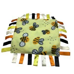 Bee-Themed Baby Tag Blanket With Satin Ribbons 17”x17” Soft Fleece Sensory Toy